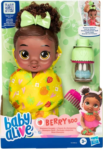 Vista 2 de Baby Alive Shampoo Snuggle Berry Boo Cabello Negro - Juego de muñeca bebé de agua de 11 pulgadas, juguetes para niñas y niños de 3 años en adelante