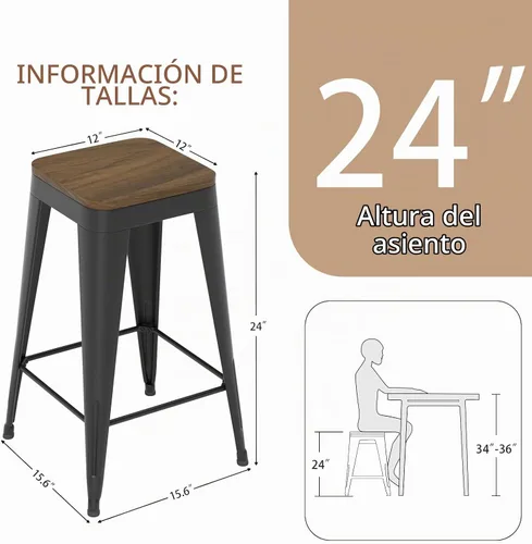 Vista 2 de Juego de 4 taburetes de bar sin respaldo de 24 pulgadas, taburetes de bar de metal para interiores con asiento de madera, taburetes de bar Negro