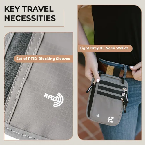 Vista 25 de Cartera para el cuello para viajes y pasaporte con bloqueo RFID, delgada y fácil de ocultar, bolsa de viaje de nailon para hombres y mujeres