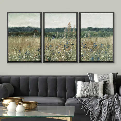 Vista 2 de SIGNWIN Lienzo enmarcado para pared, juego de arte de campos pastorales, flores silvestres, campo rústico, paisaje, floral, ilustraciones modernas