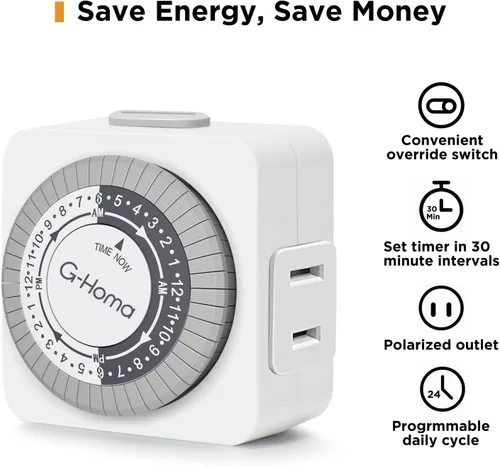 Vista 3 de G-Homa Temporizadores para Tomas Eléctricas, Temporizador Mecánico Enchufable para Interiores de 24 Horas, Intervalos de 30 Minutos, Ciclo Diario