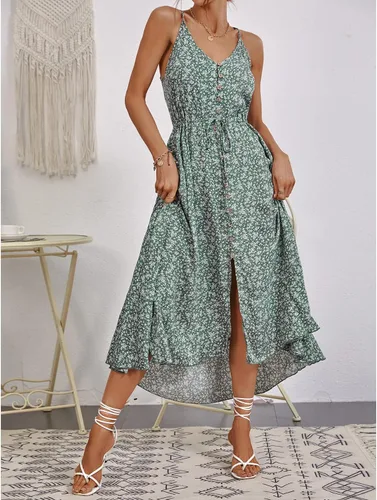 Vista 3 de BROVAVE - Vestido de verano 2023 para mujer, diseño informal, bohemio, con lunares, tirantes delgados, cuello en V, holgado y de largo por debajo