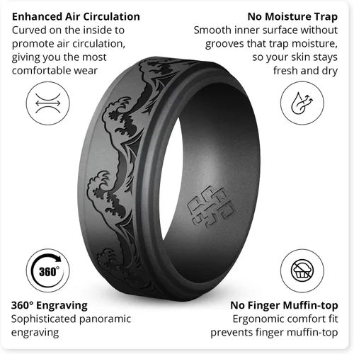 Vista 10 de Knot Theory Anillo de silicona para hombre, grabado de montaña, ondas, bosque, ancho de banda de 0.315 pulgadas, transpirable, ajuste cómodo