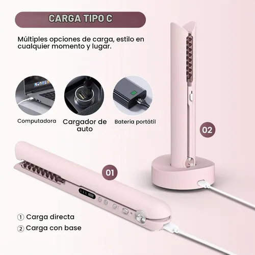 Vista 6 de Plancha sin cable, mini alisador de pelo y rizador para llevar (rosa)