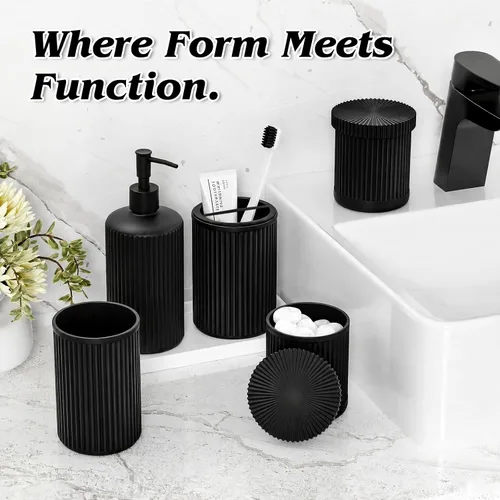 Vista 3 de Juego de accesorios de baño de cristal negro, 5 piezas, dispensador de jabón acanalado vintage, soporte para cepillo de dientes, vaso, tarro Qtip