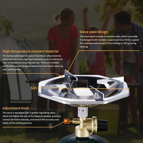 Vista 5 de Estufa de propano para acampar con quemador de propano, estufa de propano con parte superior de botella de un solo quemador, llama ajustable
