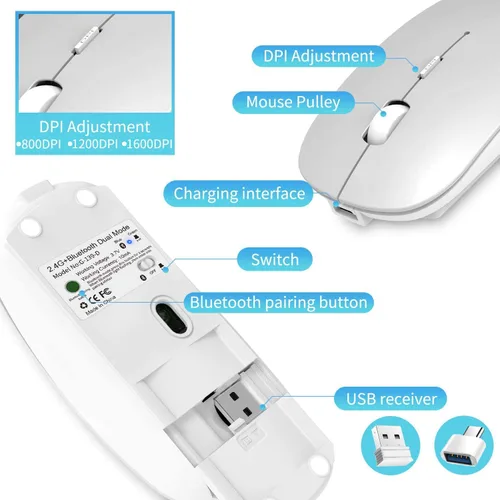 Vista 6 de ElizaHelen Wireless Bluetooth Mouse, Dual Mode Slim Rechargeable Wireless Silent Mouse, 2.4G Portable USB Optical Wireless Computer Mice with USB