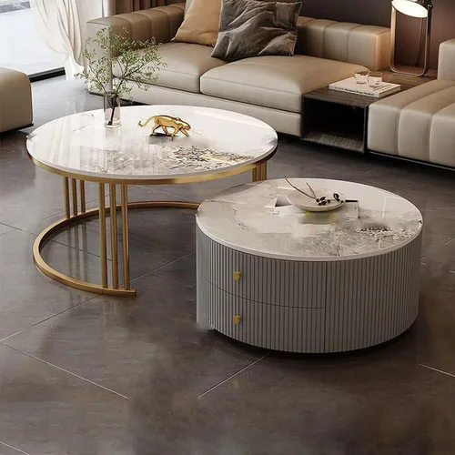 Vista 9 de Mesa de centro redonda anidable, mesas de centro redondas con almacenamiento para sala de estar, mesa de centro para sala minimalista, mesa