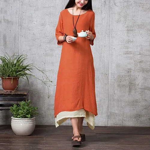Vista 2 de Versear Vestido largo suelto para mujer, estilo bohemio, estilo túnica, vintage, con capas, casual, para mujer