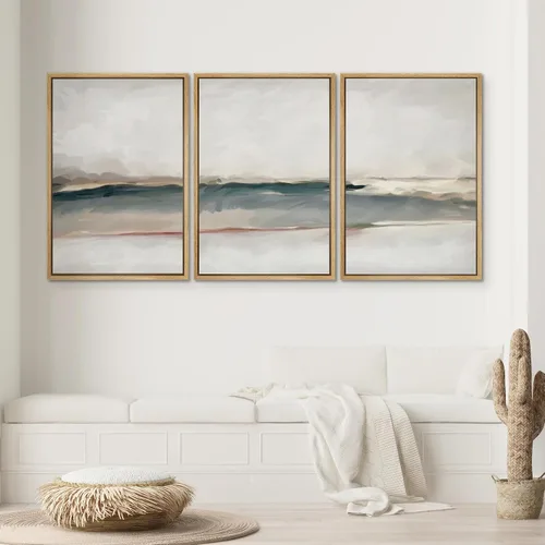 Vista 394 de SIGNWIN Lienzo enmarcado para pared, juego de arte pastel con cadena montañosa, bosque, niebla, naturaleza silvestre, ilustraciones modernas, arte