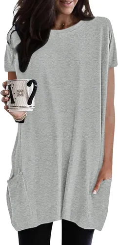 Vista 2 de Hugncmy Womens Summer Casual Solid Loose Pullover Crewneck Shirts Short Sleeve Tunic Tops Blouse with Pockets Space Short
