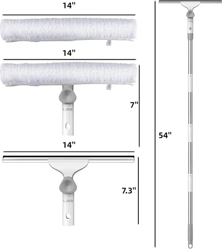 Vista 6 de Kit de limpieza de ventanas, hoja de silicona de 14 pulgadas y limpiador de microfibra con mango de aluminio de 54 pulgadas, limpiador de ventanas