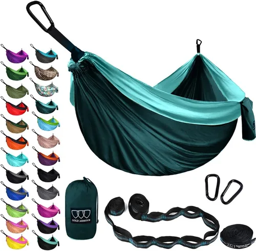 Vista 28 de Gold Armour Hamaca de camping – Hamaca doble XL, hamaca portátil, accesorios de camping, equipo para exteriores e interiores con correas de árbol