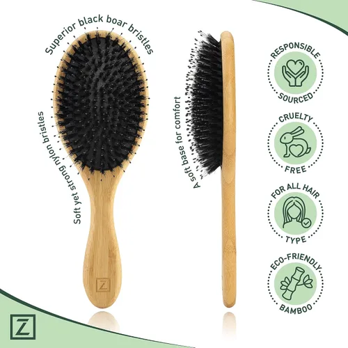 Vista 4 de Cepillo de cerdas de jabalí natural para mujeres, hombres y niños; cepillo desenredante seco y húmedo mejora suavemente el brillo, suaviza
