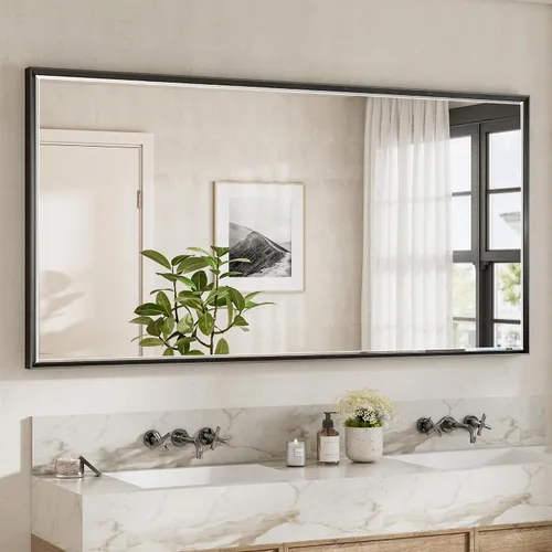 Vista 45 de Espejo de baño negro, espejo de baño biselado de 16 x 24 pulgadas para pared, espejo con marco negro antioxidante para decoración de baño, sala