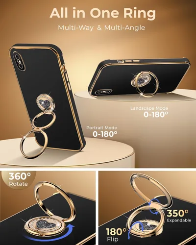 Vista 3 de XYZ para Funda de iPhone Xs Max con Soporte, Funda de Teléfono con Doble Soporte de Anillo, Funda de Amor-Corazón Linda de Lujo con Brillantina