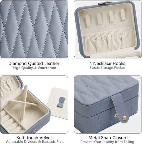 Vista 3 de KAMIER Organizador de joyas de viaje, cajas de joyería portátiles de cuero acolchado con diamantes para mujeres y niñas, organizador pequeño