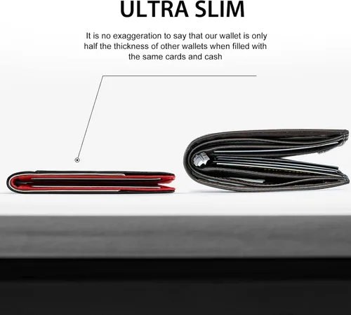 Vista 2 de GSOIAX Billetera delgada para hombre minimalista de cuero genuino fibra de carbono con bloqueo RFID de cuero vacuno plegable con caja de regalo