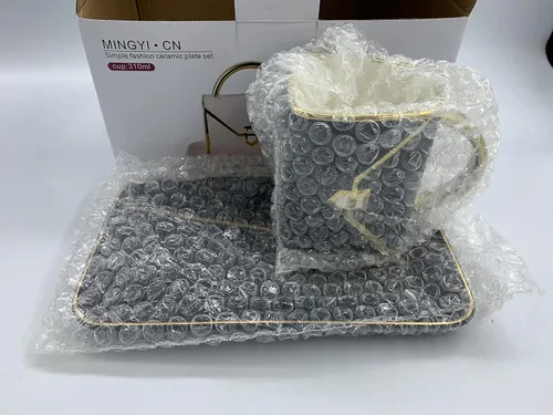 Vista 2 de MVSR Juego de tazas de café, taza de té, bolso de mano, taza de café de cerámica, taza de capuchino, tazas lindas con cuchara, 10.5 fl oz (negro)
