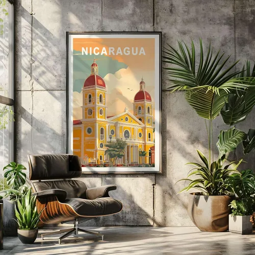 Vista 3 de KiKi8xyBox Nicaragua - Póster de viaje – Arte de pared retro con arquitectura de iglesia colonial con colores brillantes – Impresión