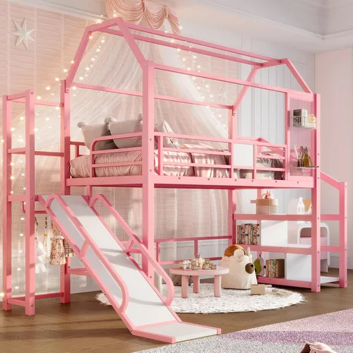 Vista 12 de Bellemave Cama Loft de Metal Tipo Casa Tamaño Twin con Tobogán y Escaleras, Marco de Cama Loft Casa de Juegos de Servicio Pesado con Estantes