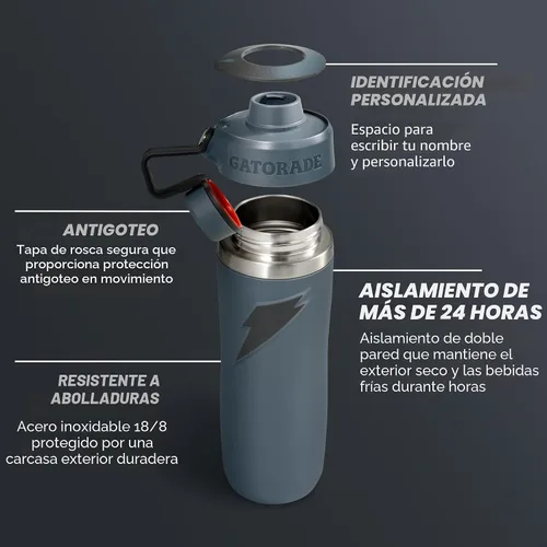Vista 2 de Botella de agua de acero inoxidable Gatorade "Overtime" de 32 onzas, tapa de rosca, gris
