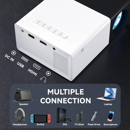 Vista 3 de Mini proyector con proyectores portátiles Wifi compatible con 1080P 200 pulgadas Mini proyector de película HD, proyectores para exteriores Blanco +