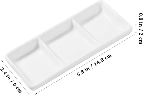 Vista 3 de DOITOOL 2 platos de cerámica para servir, 3 compartimentos, bandejas para servir aperitivos, platos de salsa divididos rectangulares blancos