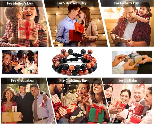 Vista 7 de Pulseras de cuentas de muñeca para hombres, hombres y mujeres, pulsera de roca de lava de ojo de tigre de 0.315in, regalos relajantes para hombres