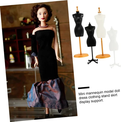 Vista 8 de Torso de maniquí femenino, 4 piezas de mini vestido de muñeca con soporte de base para costura, vestido de vestir, exhibición de joyas, negro