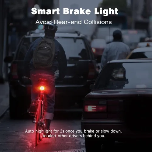 Vista 2 de WSDCAM Luz trasera inteligente para bicicleta, luz de freno de bicicleta, luz de freno automático, antirrobo, alarma de bicicleta con control