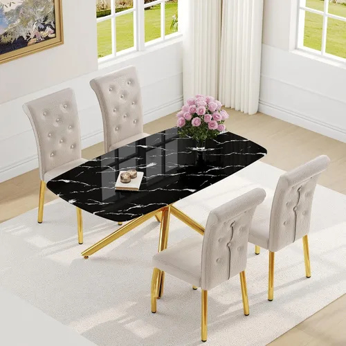 Vista 4 de Juego de mesa de comedor moderna para mesa de comedor negra de 4,63 pulgadas, juego de 4 con patas de metal dorado, mesa de cocina rectangular