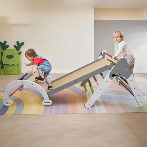 Vista 2 de Pikler - Juego de escalada triangular para niños pequeños 7 en 1, juego de escalador de interior de arco iris, plegable, juguete de escalada