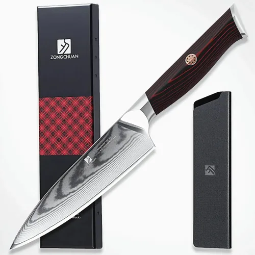 Vista 10 de Cuchillo de chef de Damasco de 8 pulgadas, cuchillo de cocina de acero inoxidable de alto carbono de 67 capas con mango ergonómico G10, funda