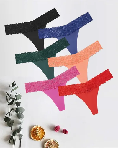 Vista 4 de Tangas para mujer, calzones de encaje sin costuras, ropa interior invisible, paquete de 6