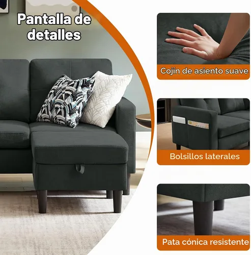 Vista 2 de Sofá Seccional Sofás para Sala de Estar, Sofás Seccionales Modulares de 3 Asientos en Forma de L con Almacenamiento y Chaise Reversible, Tela