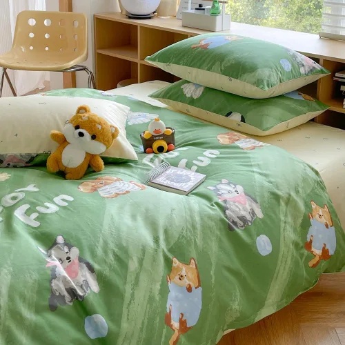 Vista 3 de LIWHENHAO Juego de funda de edredón para perro, tamaño individual, 100% algodón, ropa de cama de dibujos animados de cachorros husky en verde, 1