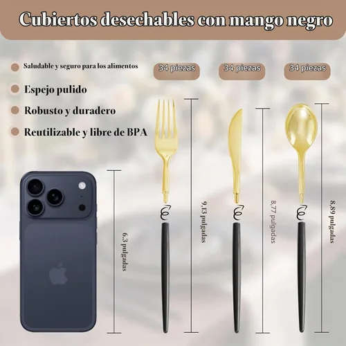 Vista 6 de Supernal 102 cubiertos de plástico dorados, cubiertos dorados con mango negro, colección de cubiertos desechables, incluye 34 tenedores de plástico