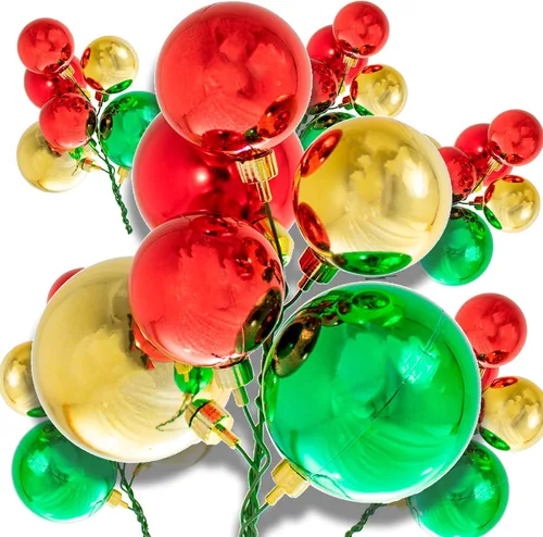 Vista 2 de Clásicos racimos de bolas de Navidad con adornos rojos, dorados y verdes, 6 juegos por caja