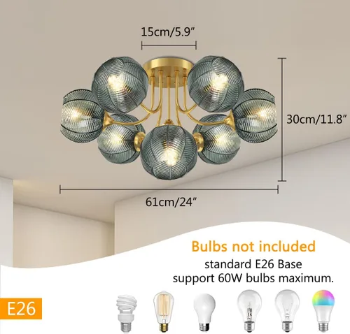 Vista 2 de Lámpara de techo verde de 7 luces, lámpara de cristal acanalada, luces de montaje semiempotradas con pantalla de globo de vidrio, iluminación