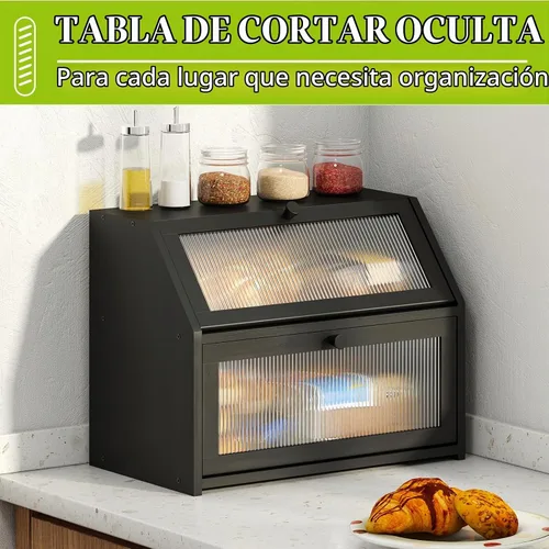 Vista 3 de BMOSU Panera grande de doble capa para encimera de cocina, almacenamiento de madera de bambú (negro)