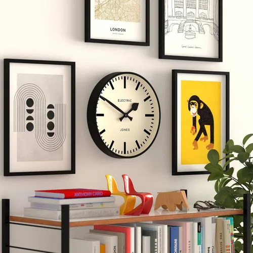 Vista 4 de JONES CLOCKS® Reloj de pared Tiger Reloj moderno de estación redonda 12 pulgadas Negro Aspecto de diseñador genial para cocina, sala