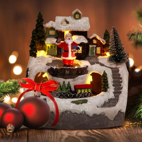 Vista 7 de Decoraciones de globos de nieve de aldea de Navidad, figuras de construcción de resina, tren giratorio, edificios coleccionables de Navidad, 8
