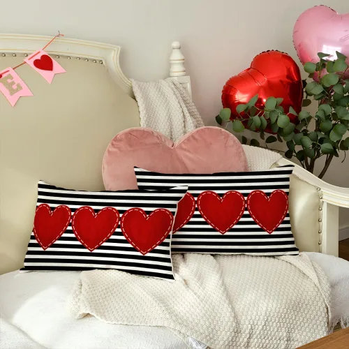 Vista 3 de AACORS AK003-12 - Juego de 2 fundas de almohada para el día de San Valentín de 12 x 20 pulgadas, decoración de corazón rojo a rayas, funda