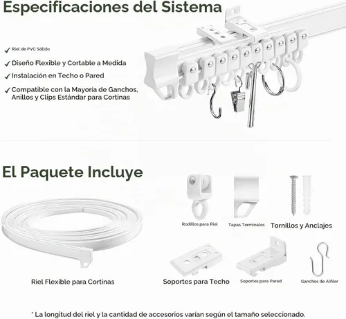 Vista 6 de ZSTARR Riel de cortina flexible flexible, techo/pared, 2.5M/8.2FT, blanco