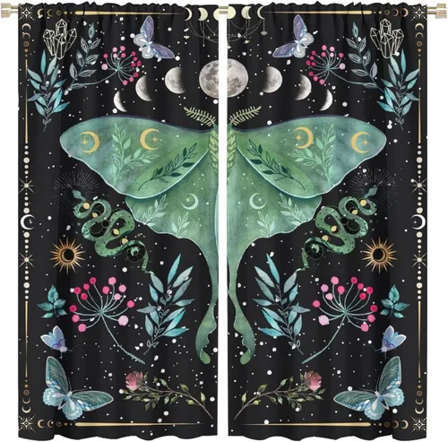Vista 18 de Cortinas de mariposa de fantasía, polilla, sol, luna, estrella, arte floral, estampado floral, bolsillo para barra, cortinas opacas para ventana