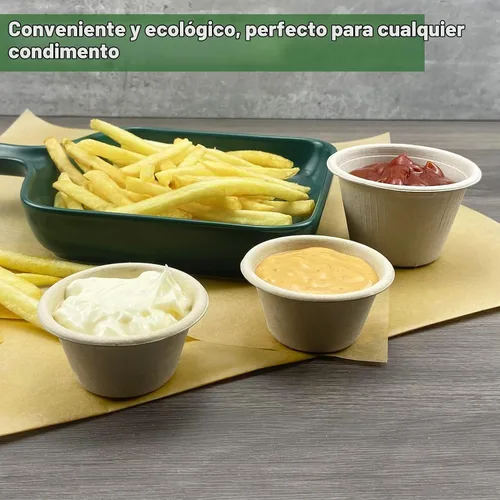 Vista 5 de CAMKYDE Vasos de Soufflé Desechables de Fibra de Bagazo de 2 oz, Paquete de 100, Vasos para Condimentos 100% Naturales Biodegradables Compostables