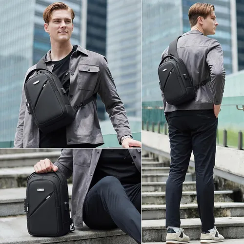 Vista 8 de DUSLANG Mochila de hombro para senderismo, bolsa cruzada para hombres, bolsas de pecho con puerto de cargador USB para campamento casual, ciclismo