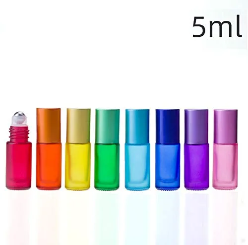 Vista 2 de Botellas de vidrio esmerilado de 0.3 fl oz, 8 colores, botella enrollable de vidrio de aceite esencial portátil vacía con bolas enrollables de acero