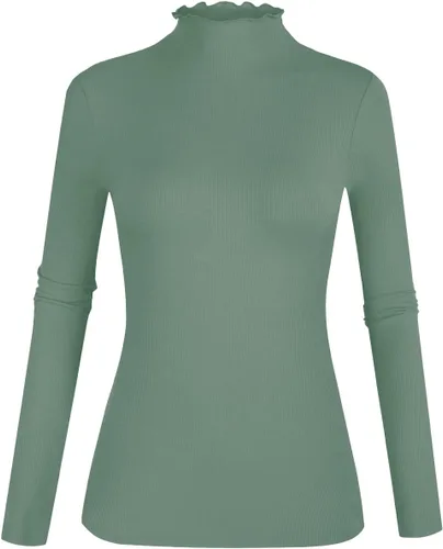 Vista 13 de POPZONE - Camiseta de manga larga con cuello alto falso, ajustada, de punto acanalado con ribete de lechuga para mujer